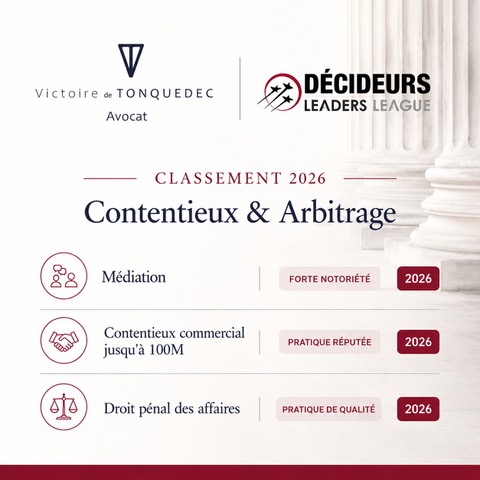 [Décideurs Leaders League] Victoire de Tonquédec intègre la catégorie « Droit pénal des affaires » du classement 2026 « Contentieux & Arbitrage »